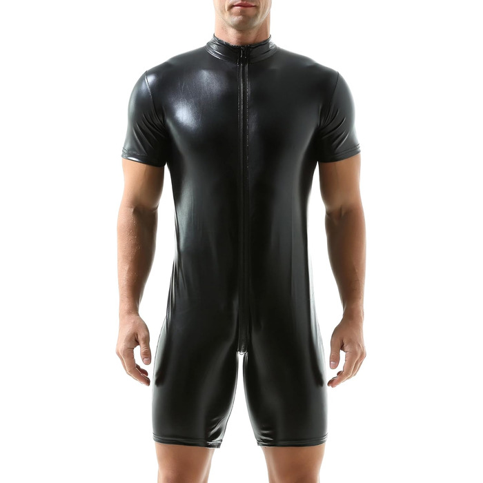 Чоловічі шорти QiaTi без рукавів з блискавкою, легінси з екошкіри, боді з двома кишенями для повсякденного та клубного стилю (XL, чорний)