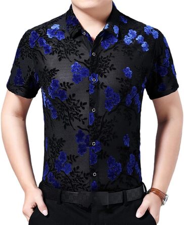 Чоловіча футболка з квітковим принтом, прозора, флісова, для клубу, літня, з короткими рукавами, обтислого силуету, блакитна (EU M 72-77KG TX)