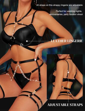 Сексуальна білизна жіноча комплект 7 частин: бюстгальтер, труси, стринги, пояс для панчіх, нагольник, панчохи, ланцюжок. Чорний, S