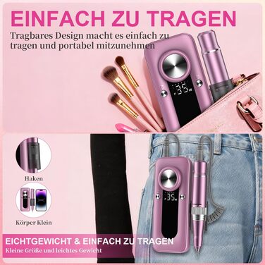 Професійний електричний апарат для манікюру та педикюру 45000 об/хв, акумуляторний нігтьовий фрезер з LCD-дисплеєм та набором фрез для гель-лаків та акрилу, рожевий