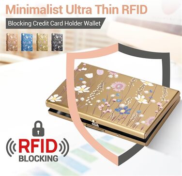 Металевий картхолдер з RFID-захистом від скіммінгу, ультратонкий гаманець для банківських карток (6 слотів, золото, з квітковим принтом) для жінок та чоловіків