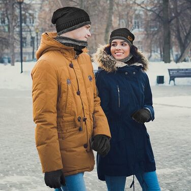 Зимовий подарунковий набір 3-в-1: тепла в'язана шапка-біні, шарф та сенсорні рукавички з флісовою підкладкою, унісекс, чорний