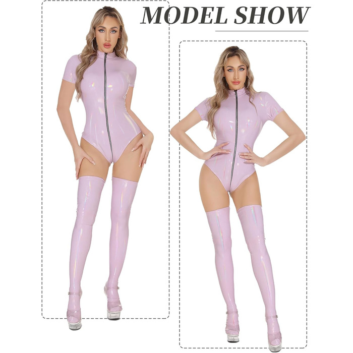 Боді жіноче Maeau Wetlook з глітером, латексний комбінезон, облягаючий, з короткими рукавами, для клубу та вечірок - XL (EU) (Ліловий, L-XL)