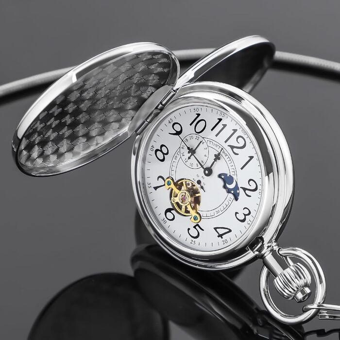 Скелетон-годинник кишеньковий Tiong Vintage Steampunk з ланцюжком, механічний годинник з римськими цифрами в подарунковій коробці, сріблястий (44 Silber)