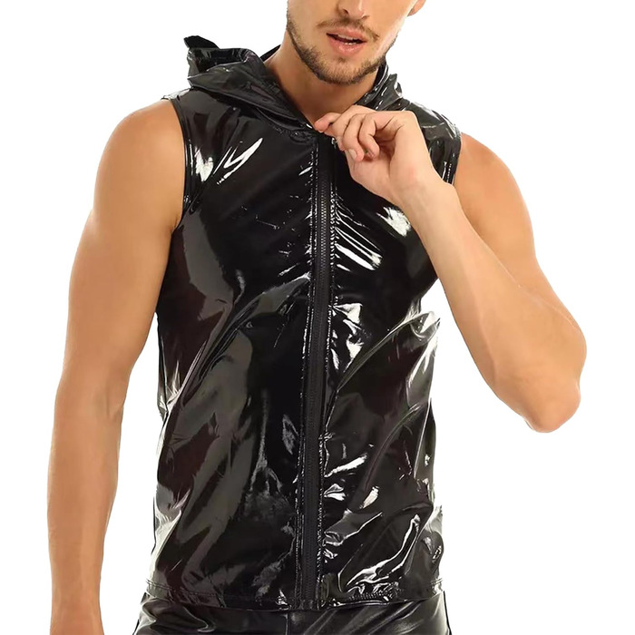 Чоловіча сорочка з лакованої шкіри Wetlook, сексуальна модель, для вечірок (L, Чорний)