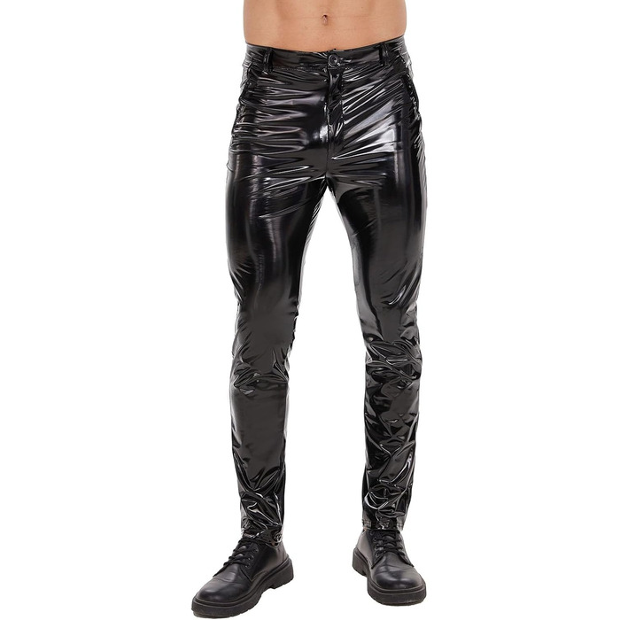 Шкіряні штани чоловічі Xokesy, блискучі, з блискавкою, відкритий крок, чорні, для відпочинку