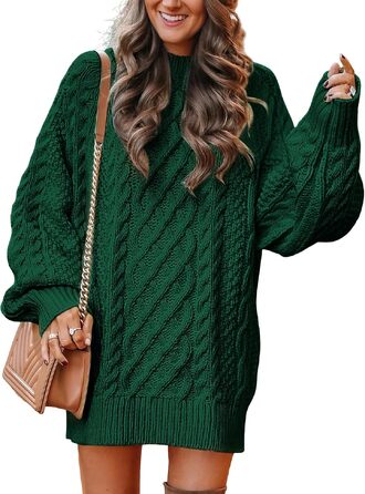 Жіноча в'язана сукня-свитер EFIN Oversized з пишними рукавами, тепла зимова міні-сукня грубої в'язки (Темно-зелена, L)