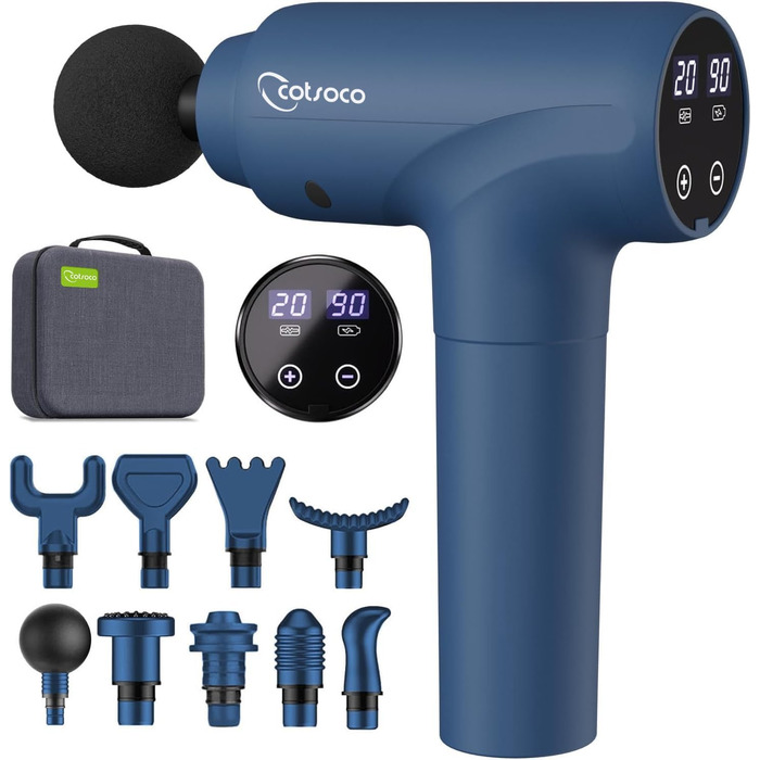 Перкусійний масажер Massage Gun з LED-екраном, електричний масажний пістолет для м'язів: 20 швидкостей, 9 насадок, сумка для перенесення, синій