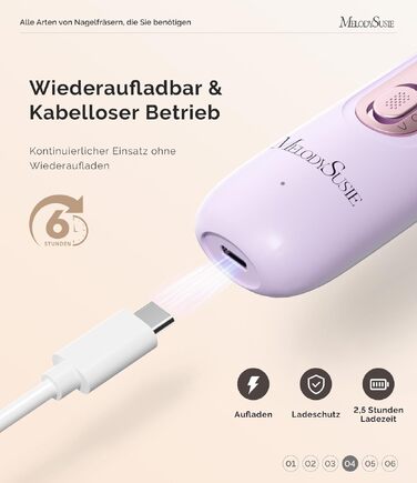 Професійний набір для педикюру MelodySusie PC760G: електричний апарат для манікюру та педикюру 8 в 1, бездротовий нігтевий фрезер з LED-підсвіткою та 5 швидкостями (Фіолетовий)