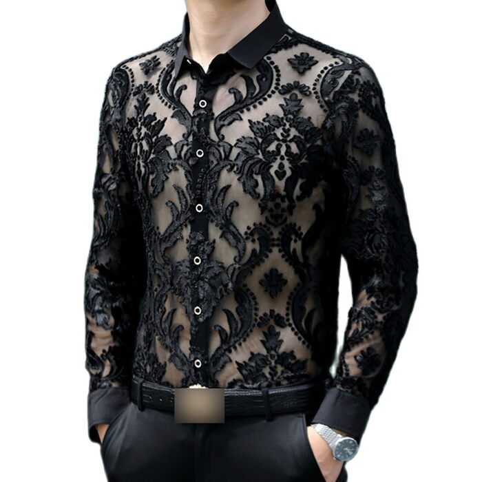 Прозора сорочка для чоловіків та жінок, сексуальна, з короткими рукавами, для нічного клубу, мереживна сорочка сітка (M, Cs25)