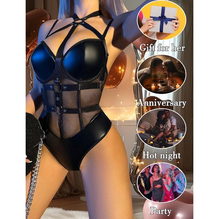 Боді FEOYA для жінок з вирізом, сітчаста тканина, прозорий, суцільний, спідня білизна, шкіряне тіло для косплею, вечірки, клубу, чорні ремінці S