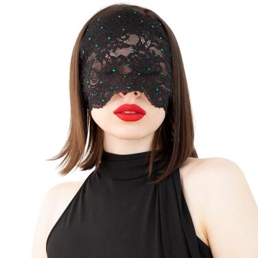 Маска для обличчя з мережива з чорного кольору з зеленими стразами, еластична мережива, атласна стрічка, маскарадний костюм чорного кольору (зелені стрази)