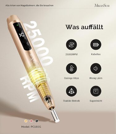 Професійний бездротовий апарат для манікюру та педикюру MelodySusie PC180G, електрична пилка для нігтів 25000 об/хв, 25 рівнів швидкості, LED-дисплей (Золотий)