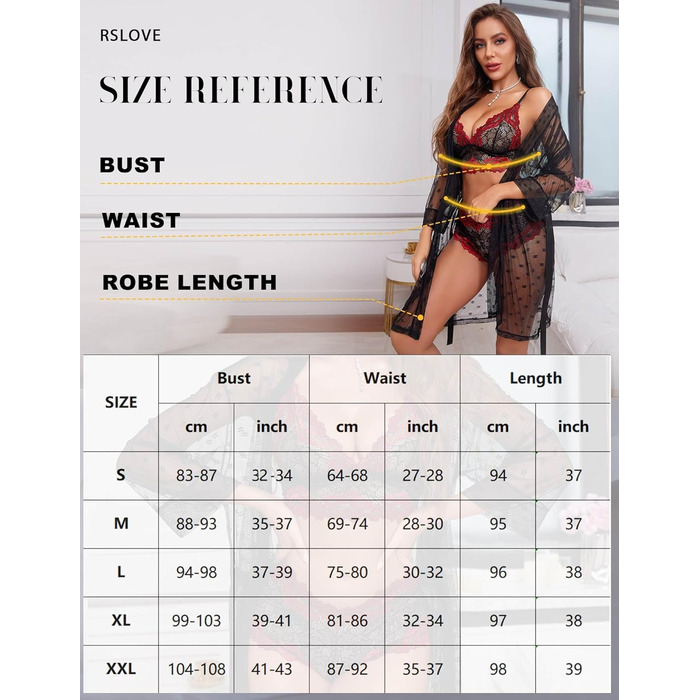 RSLOVE Комплект сексуальної білизни 3 частини: мереживний кімоно, бюстгальтер та труси (S, чорний, червоний)