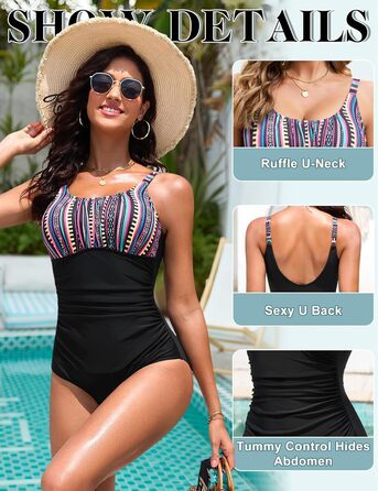 Купальник Vancavoo з пуш-ап, корегуючий, без спинки, з рюшами, пляжний, суцільний (M, Богема + Чорний)