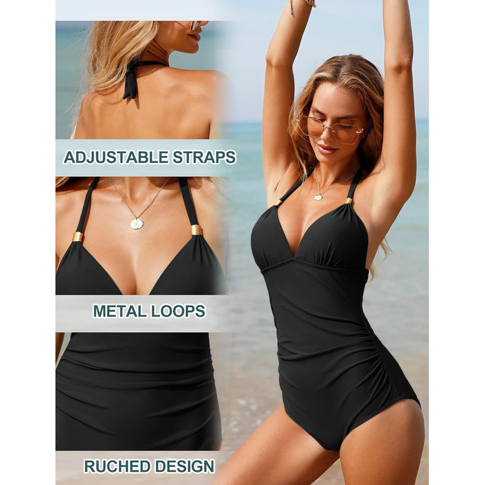 Чоловічий купальник Badeanzug Damen Bauchweg Rückenfrei Shape Badeanzüge Neckholder Sexy Push Up Bademode mit Cups M Schwarz
