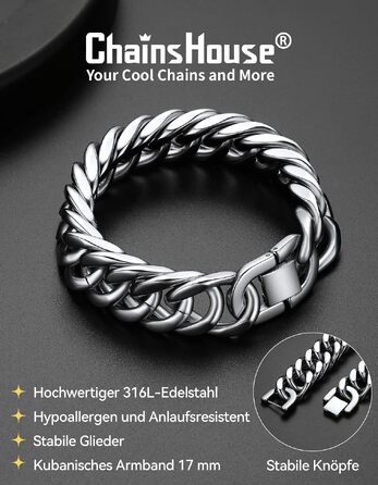 Чоловічий сталевий браслет-ланцюг Panzer від ChainsHouse, сріблястий, ширина 17 мм, довжина 19 см, у подарунковій коробці