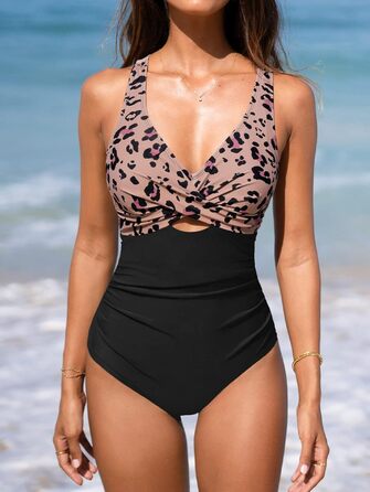 Купальник CUPSHE з запахом, V-подібний виріз, декоративні вирізи, корегуючий ефект, чорний/леопард