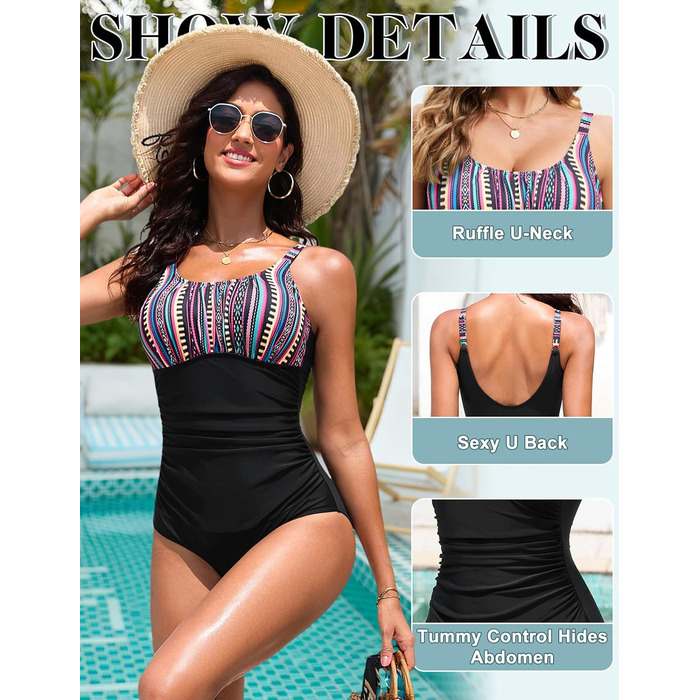 Купальник Vancavoo з пуш-ап, корегуючий, без спинки, з рюшами, пляжний, суцільний (M, Богема + Чорний)