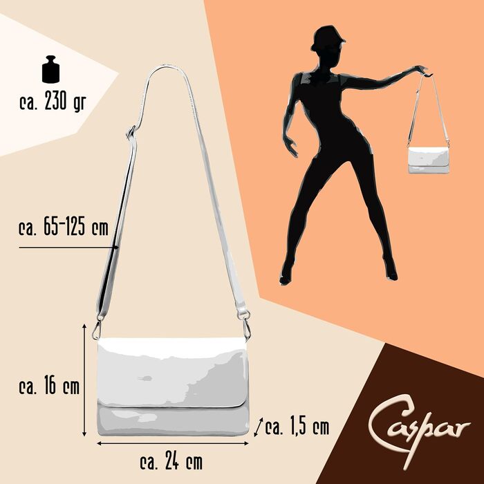 Жіноча сумка-клатч Caspar Elegante зі шкіри, срібляста металік, модель No.835 CLASSIC LINE, з регульованим плечовим ременем, Made in Italy