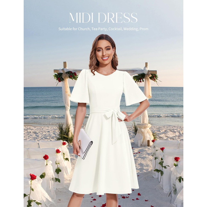 Елегантна сукня-міді Bboninedress коктейльна з поясом, біла (M) - для вечірок та весіль