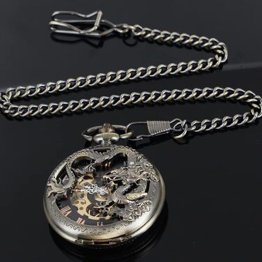 Механічний кишеньковий годинник Tiong Vintage Steampunk зі скелетоном, римськими цифрами та ланцюжком (бронза, чорний) — подарунковий набір з коробкою
