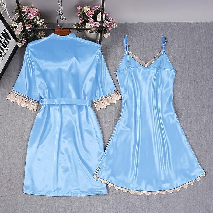 Жіночий халат-кімоно з мереживом, V-подібний виріз, сатиновий халат, нічна сорочка з довгим рукавом, комплект, нічна сукня, халат-кімоно, світло-блакитний, розмір S