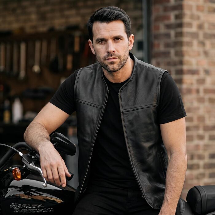 Чоловічий мотоциклетний жилет Leatherick з натуральної коров'ячої шкіри, класичний байкерський жилет на блискавці, чорний, розмір 5XL