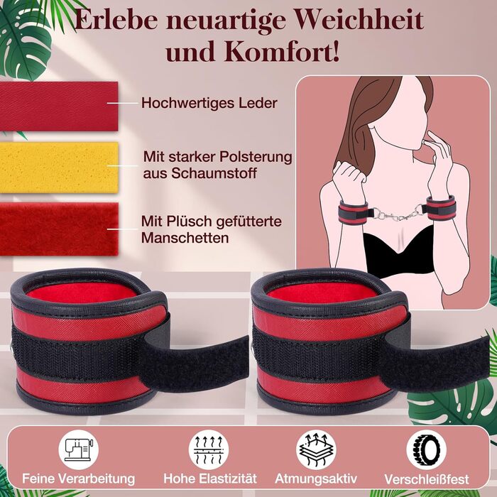 Набір для БДСМ-зв'язування: 12 предметів для еротичних ігор для пар. Включає наручники, кайдани для ніг, ошейник, пов'язку на очі, кліпси для сосків, м'ячик-знеболювач, хрестовину. Підходить для початківців, чоловіків та жінок. Червоний колір.