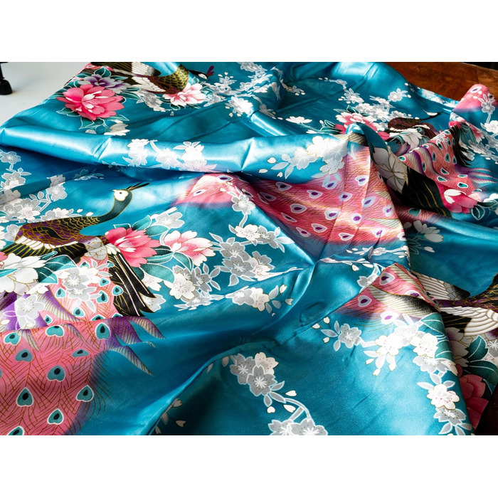 Халат жіночий CCcollections з сатину з принтом павича, V-подібний виріз, 3/4 рукав, універсальний розмір, блакитно-бірюзовий