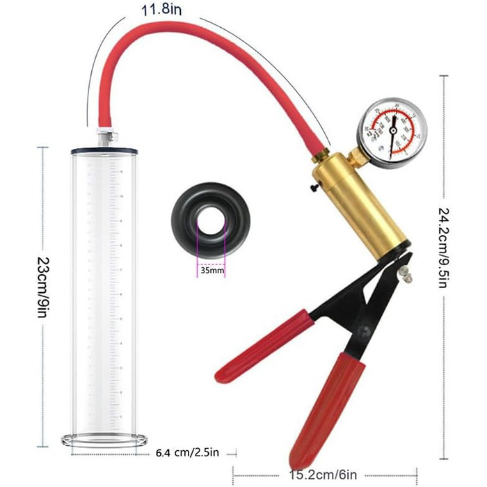 Ручна вакуумна помпа для збільшення пеніса з манометром та металевою ручкою - для ерекції та тренування витривалості, прозора помпа для чоловіків, секс-іграшка (23 * 6.4 см)