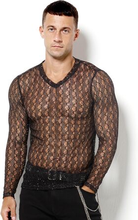 Муслін футболка Casey Kevin Herren Transparent, прозора сітка з довгим рукавом, сріблясті акценти, вертикальна смужка, V-подібний виріз, A2-чорний L