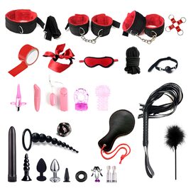 Набір для БДСМ: кайдани, анальний плаг, петиша, маска для очей, набір 28 шт. (червоний)