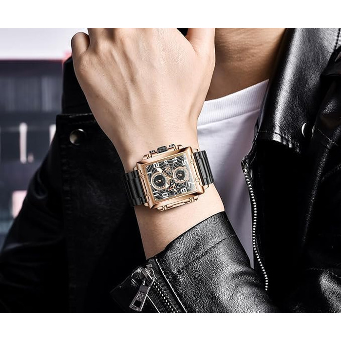 Чоловічий наручний годинник OLEVS Chronograph — класичний кварцовий годинник зі шкіряним ремінцем, водонепроникний, з календарем (Чорний/Розове золото, 2958)
