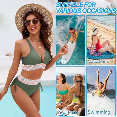 Бікіні Daen Set з високою талією, Push Up, контроль живота, регульовані бретелі, 2 шт. для пляжу, басейну, відпочинку (4XL, Зелений)