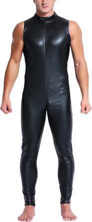 Комбінезон чоловічий лакований шкірозамінник PVC з довгим замком, сексуальний, облягаючий, чорний, розмір L