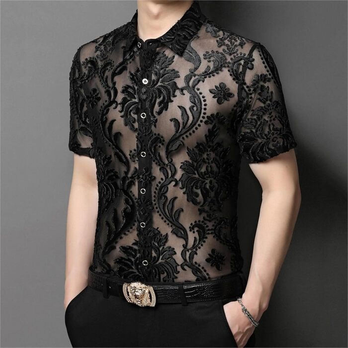Чоловіча сорочка AWMew, мереживо, сітка, коротка, клубний стиль, чорна, розмір S