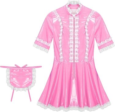Костюм покоївки Agoky для жінок: міні-сукня з лакованої шкіри, мереживна спідничка, еротична білизна, клубний наряд (3XL, Рожевий)