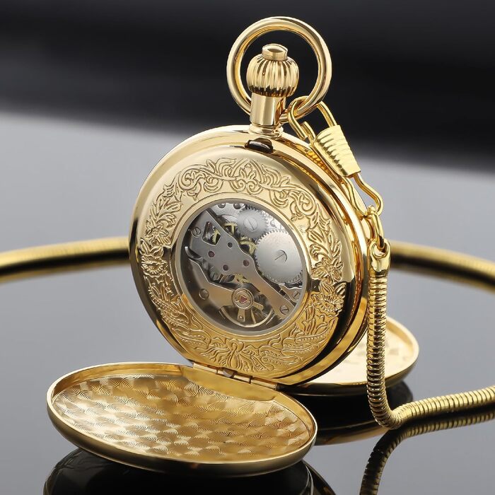 Скелетонний кишеньковий механічний годинник Tiong Vintage Steampunk з ланцюжком, римські цифри, золотий колір (45 Gold) — подарунковий набір з коробкою