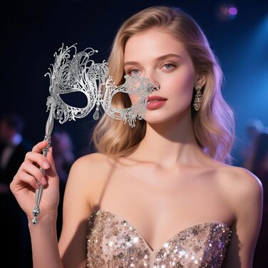 Венеціанська маска JewelryWe з держальником для жінок, металева маска з стразами для маскараду, аксесуари до костюма для Хелловіну, карнавалу, вечірки-маскараду (срібна)