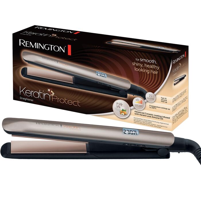 Випрямляч для волосся Remington S8540 з керамічним покриттям, кератином та мигдальною олією, LCD-дисплей, 10 рівнів температури (150-230°C), чорний