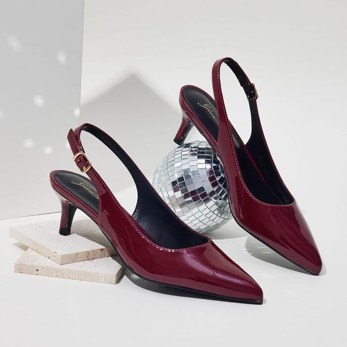 Жіночі елегантні туфлі-човники GENSHUO на низьких підборах (Kitten Heels) з відкритим задником, лакована шкіра, колір винно-червоний, розмір 42 EU