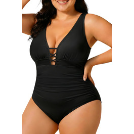 Купальник суцільний жіночий Yonique Plus Size, корейка з шнурівкою, V-подібний виріз, слімінг ефект, чорний