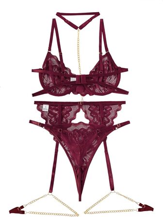 Сексуальний комплект нижньої білизни Lilosy з чокером, мереживний з квітковим візерунком, Push-up, стрінг, для жінок, прозорий бюстгальтер та труси, 3-частини (XXS, ланцюжок Бордовий)