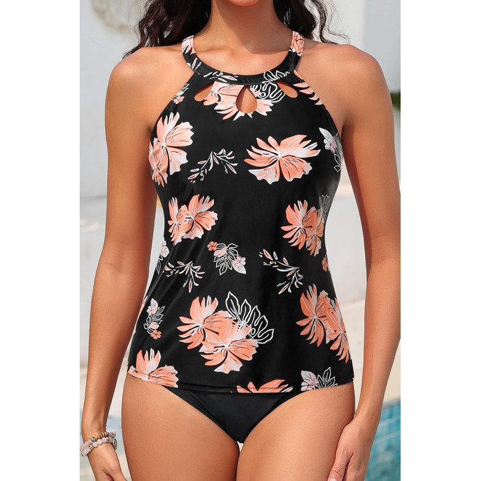 Танкіні купальник Yonique для жінок, великі розміри, квітковий принт, чорний колір
