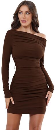Жіноче облягаюче міні-плаття з довгим рукавом, трикотажне, на одне плече, з драпіруванням, для вечірок та клубів (темно-коричневе, L)