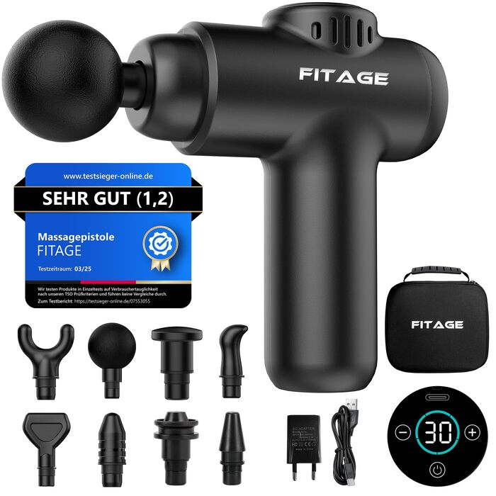 Перкусійний масажер FITAGE Massage Gun — Міні-масажна пістолет з 30 рівнями швидкості, 8 насадками для глибокого масажу м'язів спини, плечей та всього тіла, чорний