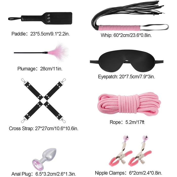 Набір для БДСМ зв'язування (12 предметів): наручники, фіксатори для щиколоток, анальний плагін, клямки для сосків, м'ячик-кнебель, перо-піксель, маска для очей, батіг, лопатка, бавовняне мотузка (рожевий та чорний)