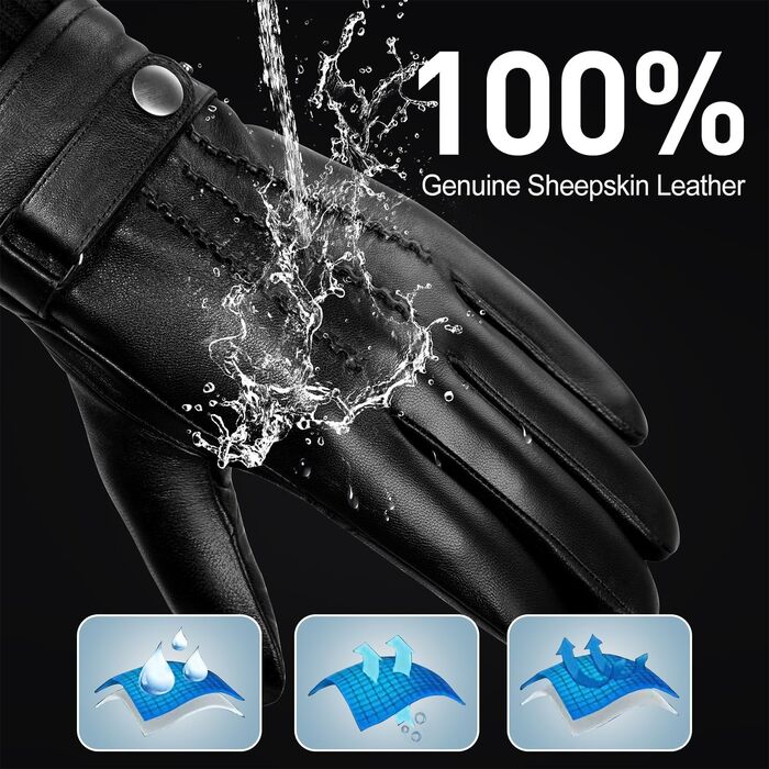 Чоловічі зимові шкіряні рукавички BISON DENIM з кашеміром, сенсорні рукавички для водіння, теплі та еластичні, чорні, розмір M
