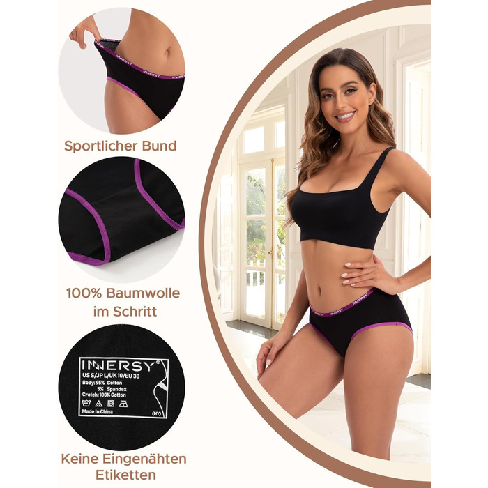 Сліпекс жіночі бавовняні труси INNERSY, комплект 6 шт., гіпсі, комфортні, кольорові, чорні, розмір L